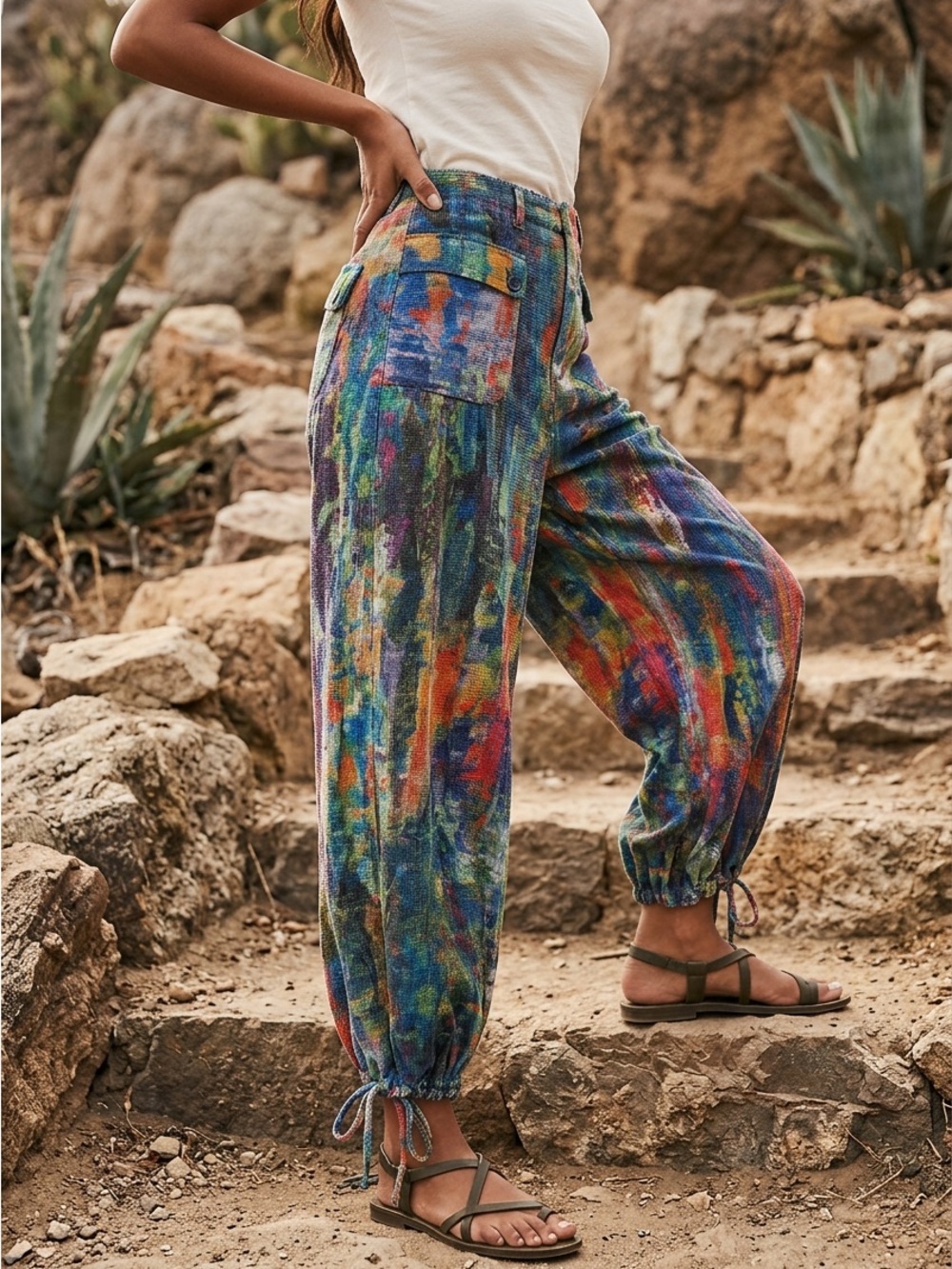 NWT DAVI & DANI Abstract Printed Denim Wide Adjustable Balloon Bottom Pants - Picture 12 of 13